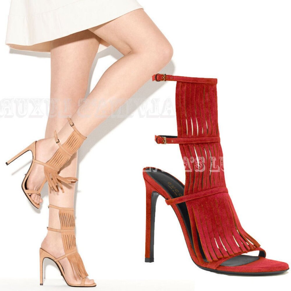 GUCCI SHOES BECKY RED SUEDE FRINGED HIGH HEEL SANDAL sz 34.5 / US 4.5